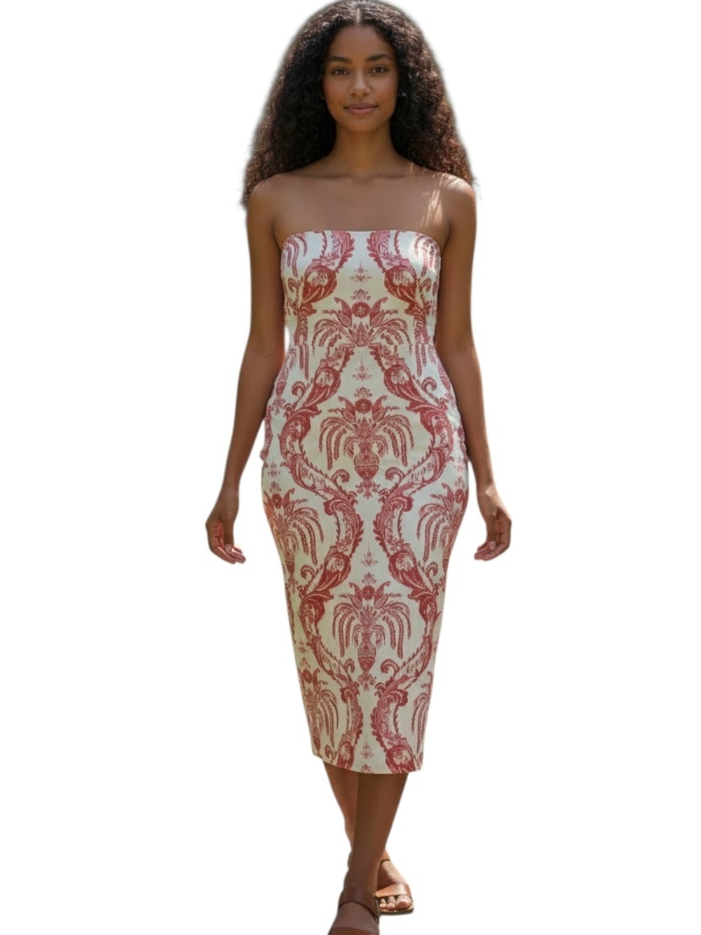 SHEIN Cream Strapless Midi Dress with Red Damask Print